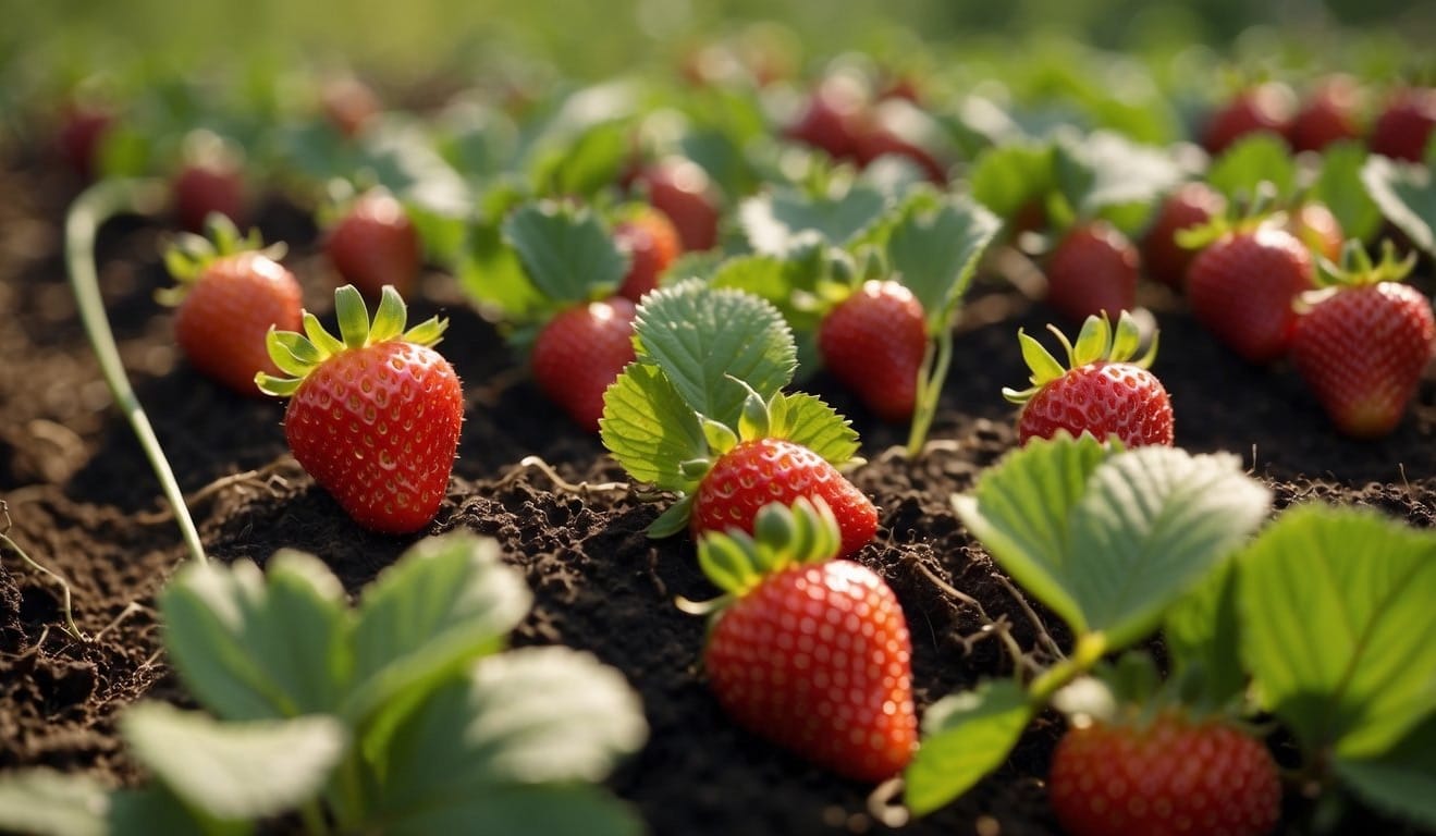 Healthy strawberry plants grow in rows, with ripe berries ready for picking.