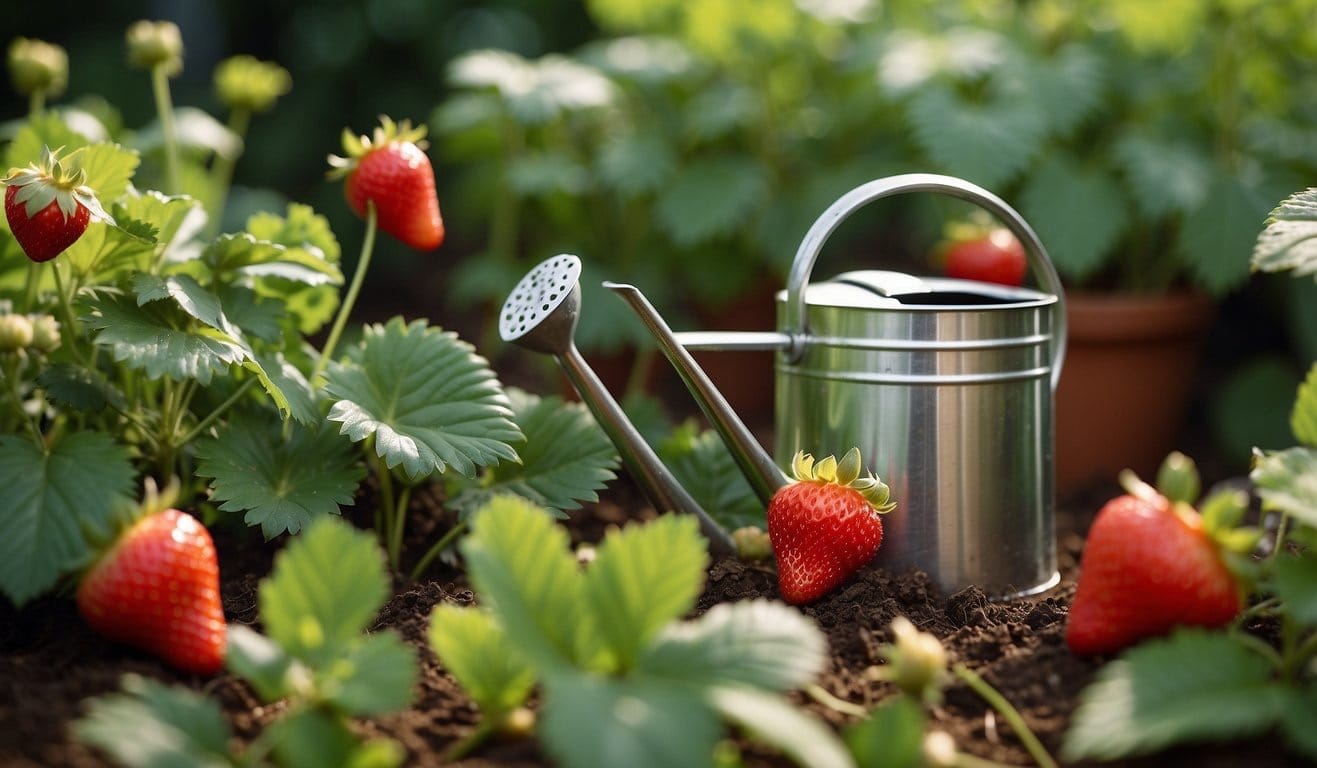 Lush green strawberry plants thrive in a sunny garden. Bright red berries peek out from the leaves, ready for picking.