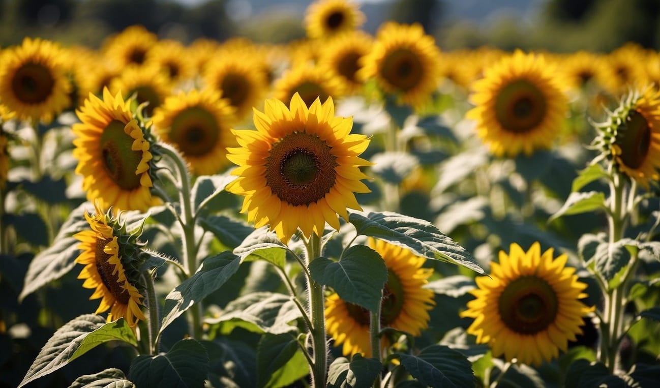 Sunflower varieties displayed in rows, varying in height and color. Bright sunlight illuminates the garden. Some flowers are in full bloom, while others are still in bud form