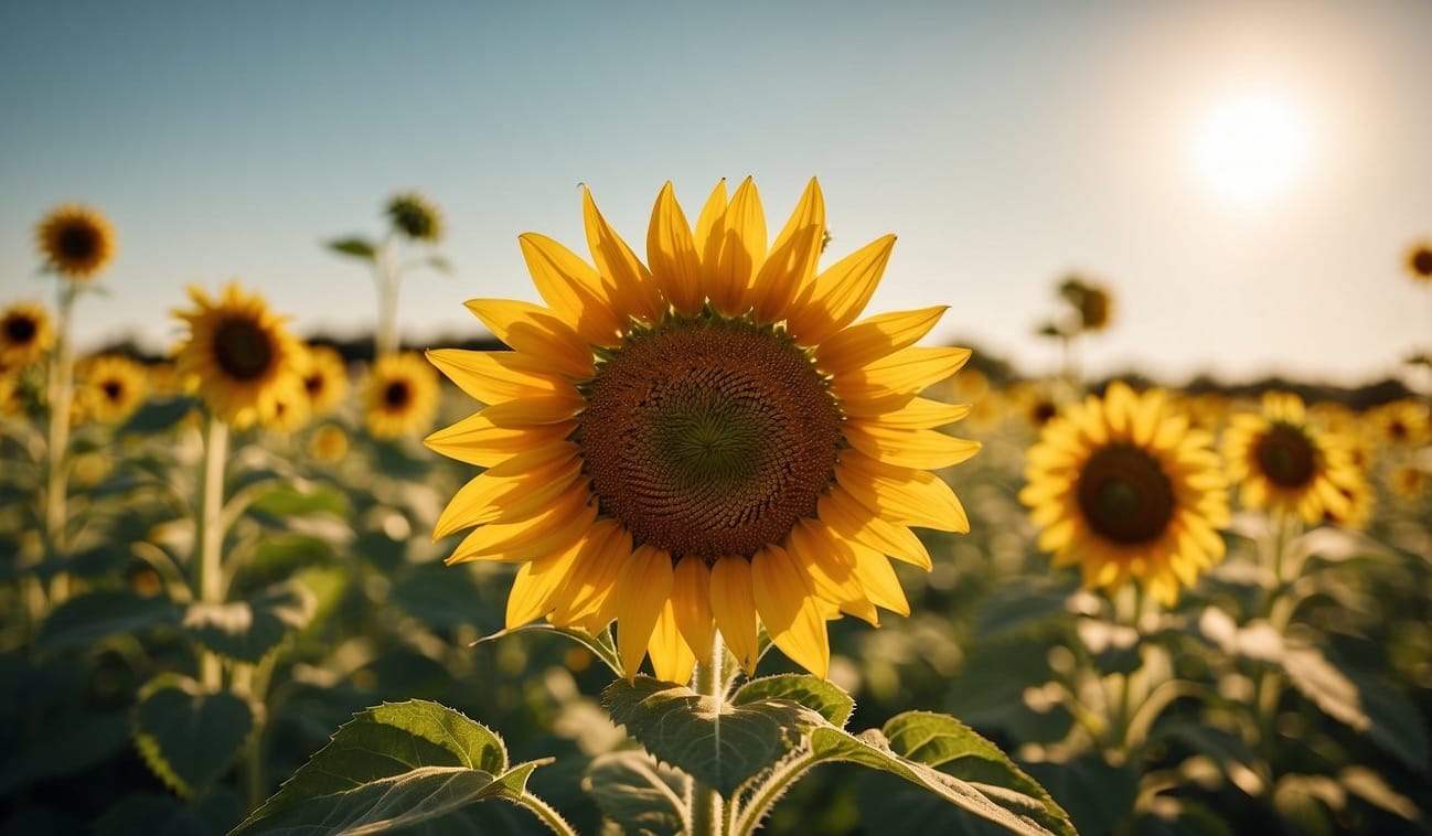 A vibrant sunflower stands tall in a sun-drenched field, surrounded by lush green foliage. Its golden petals stretch towards the sky, basking in the warm sunlight