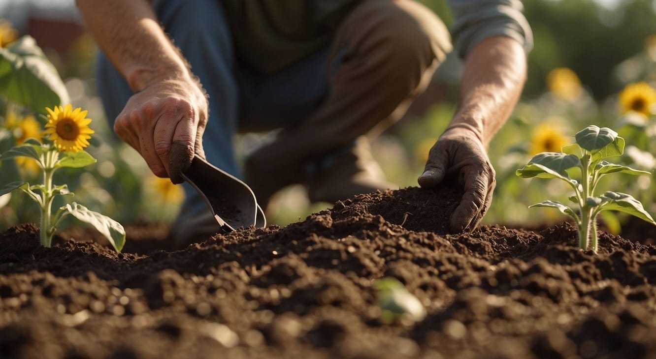The gardener digs a hole, adds fertilizer, and plants sunflower seeds in the rich soil.