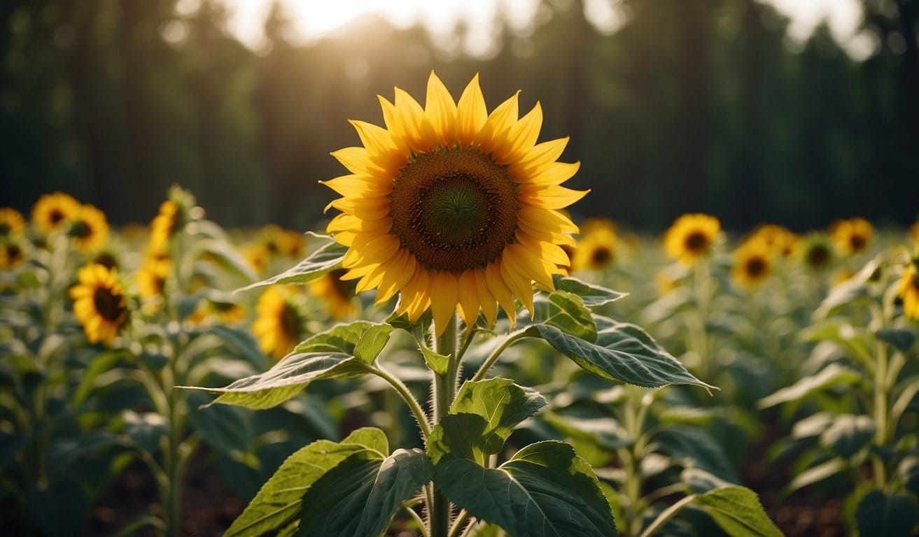 Sunflowers reaching towards the sun, surrounded by rich soil and green leaves