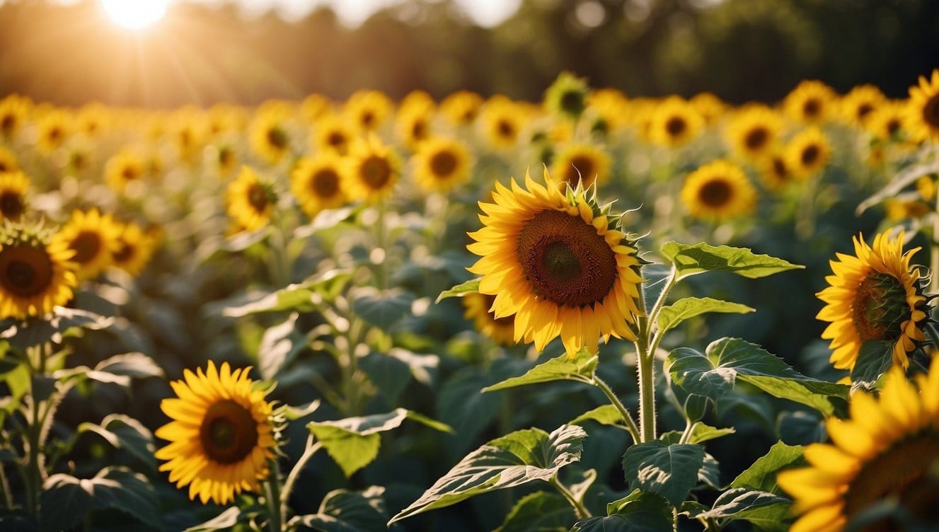 A field of tall sunflowers standing proudly under the bright sun, their vibrant yellow petals reaching towards the sky, surrounded by lush green foliage