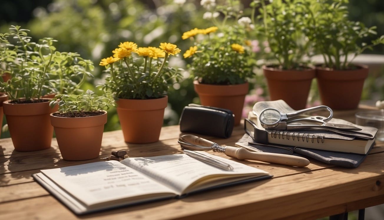 A table with gardening tools, seed packets, and a notebook with garden plans, surrounded by potted plants and a sunny outdoor setting