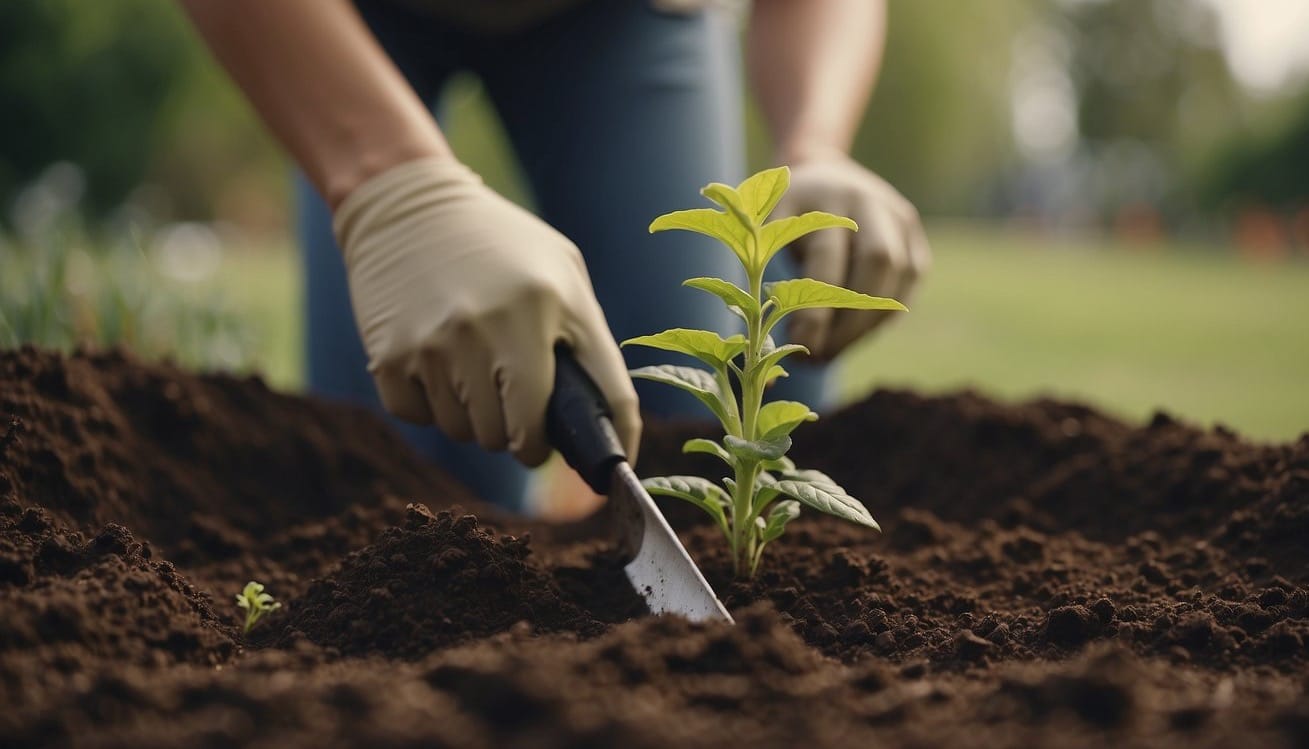 A gardener digs a hole, places a seedling, and covers it with soil. They gently pat down the dirt and water the plant