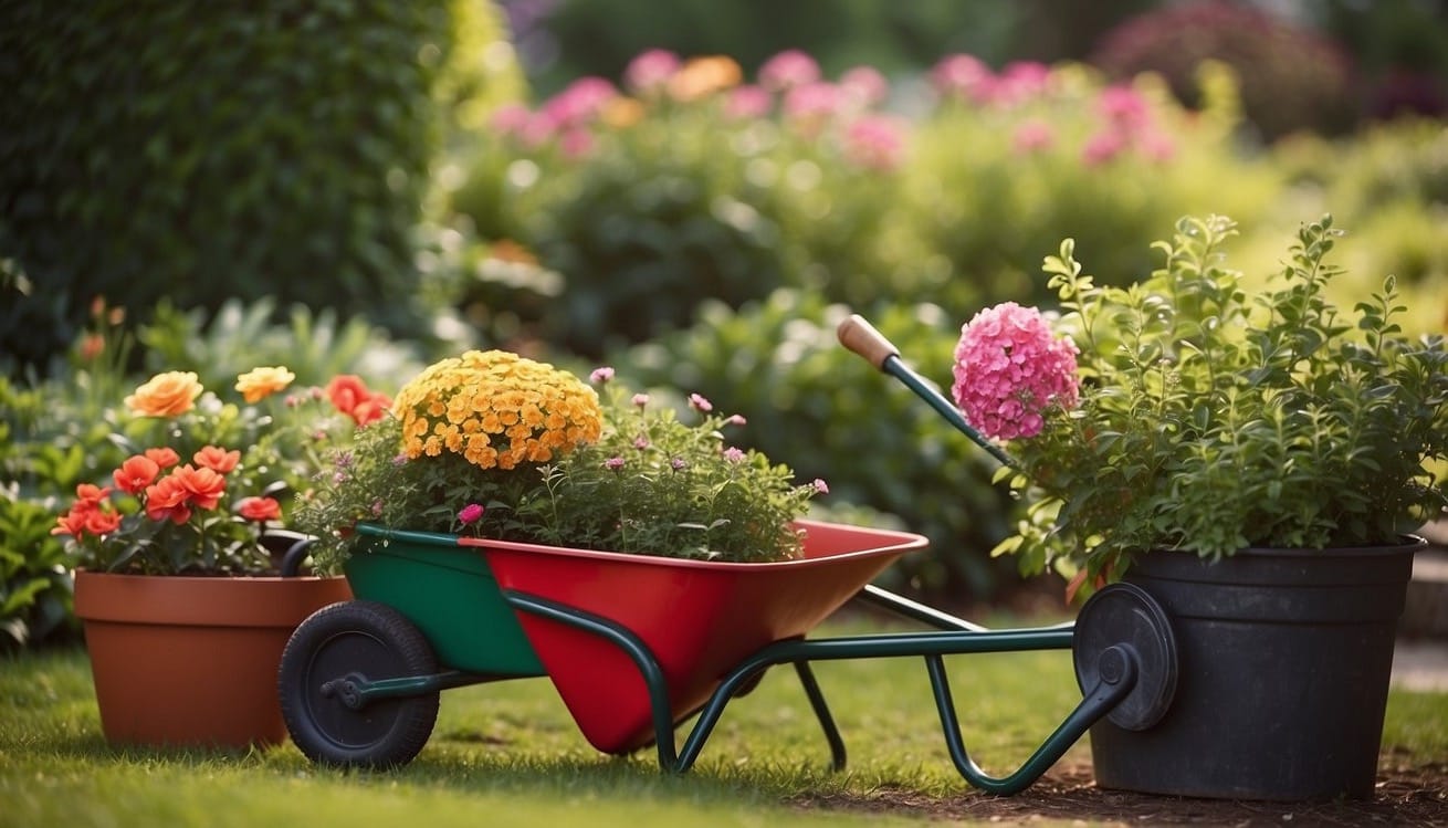 Lush garden with trimmed hedges, colorful flowers, and neatly arranged potted plants. A wheelbarrow, watering can, and gardening tools are scattered around