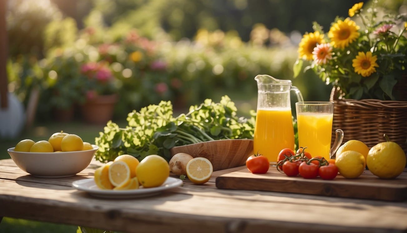 Lush garden with ripe vegetables and colorful flowers. A picnic table set with fresh produce and a pitcher of lemonade. Sunshine and a gentle breeze