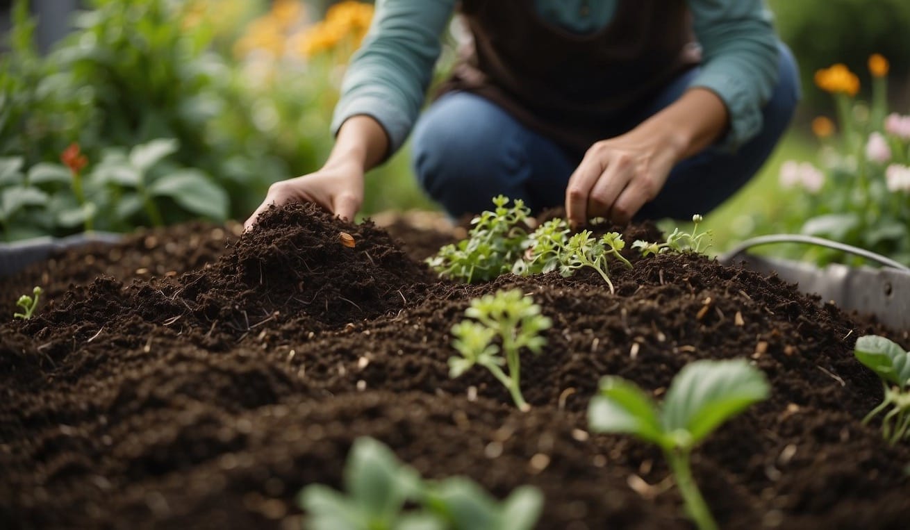 A person is layering green and brown organic materials in a designated compost area, using a pitchfork to aerate the pile. The compost pile is surrounded by a garden with various plants and flowers