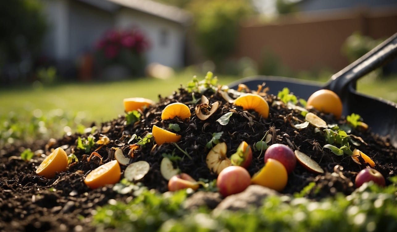 A pile of organic waste, including fruit peels and grass clippings, sits in a backyard. A shovel mixes the materials, creating a rich, dark compost