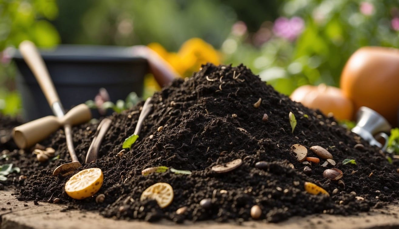 A pile of compost with visible signs of common issues like foul odor, pests, or slow decomposition. Surrounding garden tools and materials