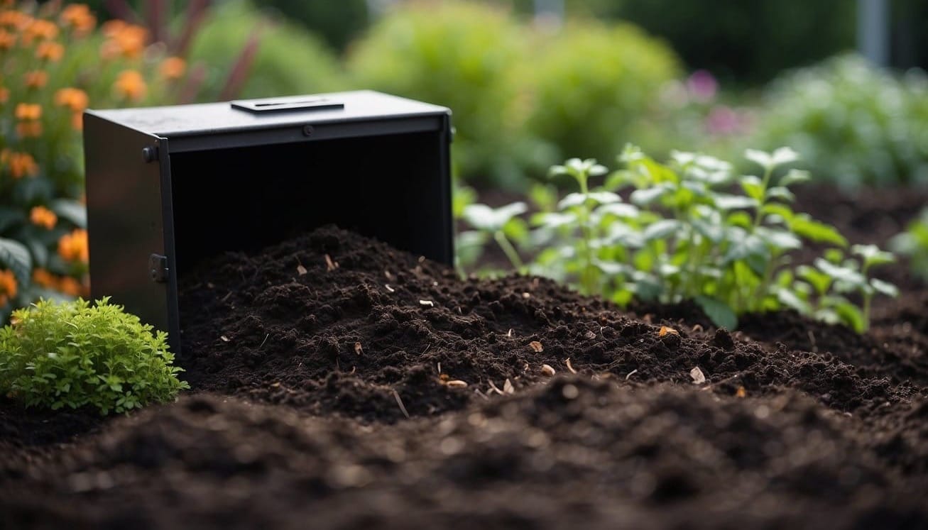 A garden with a compost bin surrounded by rich, dark soil and thriving plants. The compost bin is open, revealing a mixture of decomposed organic matter