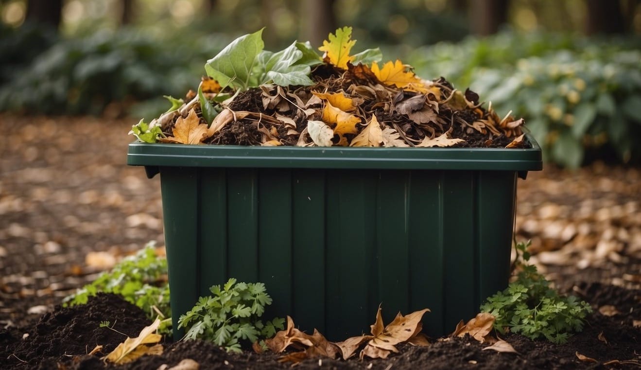 A pile of organic waste, leaves, and kitchen scraps decaying in a compost bin. Surrounding the bin are various seasonal plants and trees, indicating the passage of time