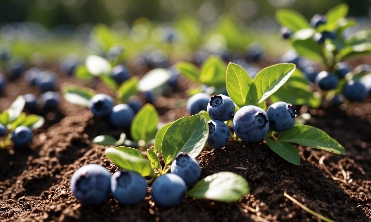 Blueberry bushes in rich, well-drained soil under full sun. Mulch to retain moisture and control weeds. Prune dead or weak branches. Fertilize annually