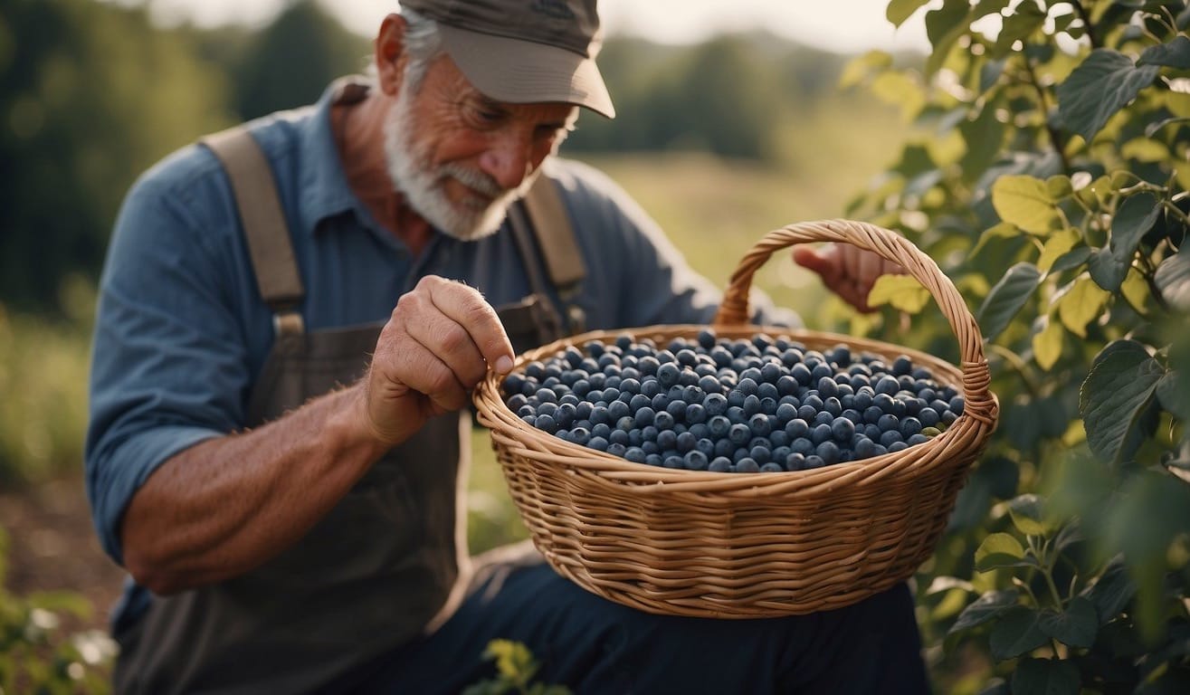 A farmer carefully picks ripe blueberries from the bushes and places them in a basket. Nearby, a small shed holds tools for post-harvest care