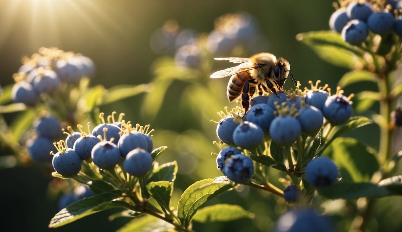 Bees buzzing around blueberry bushes, transferring pollen from flower to flower, while the sun shines down on the lush green fields
