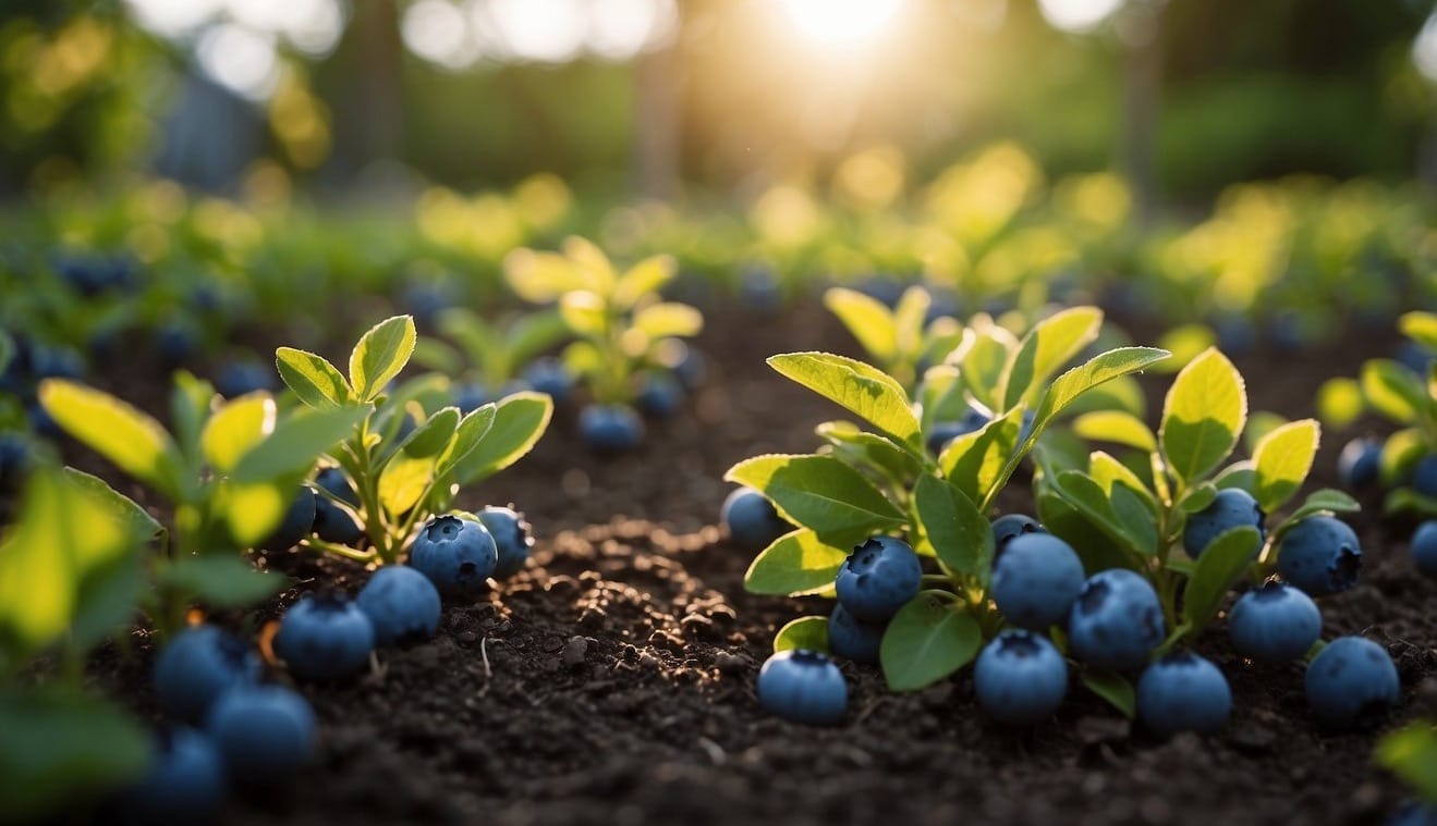 A lush garden with rows of healthy blueberry bushes, surrounded by well-maintained soil and mulch. The sun shines down, casting a warm glow on the thriving plants
