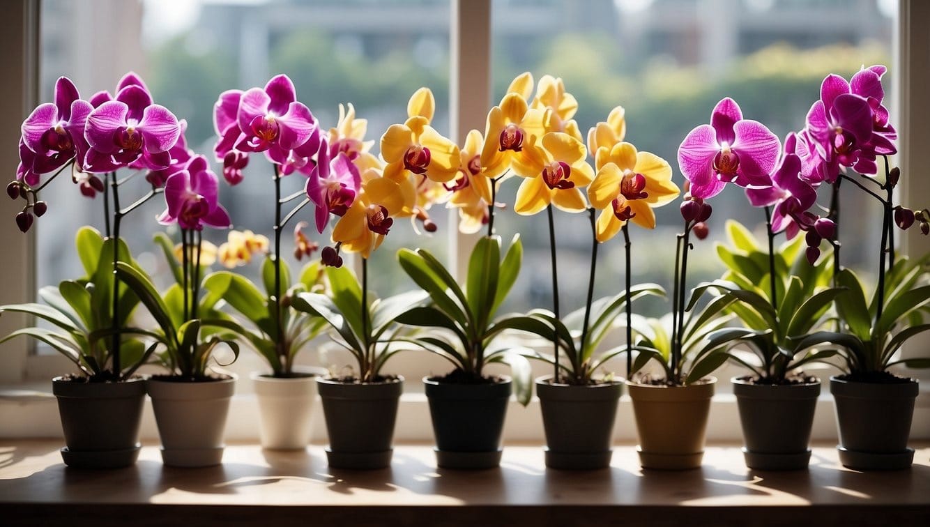 A bright, airy room with large windows. A table covered in pots of various sizes filled with rich, dark soil. Delicate, colorful orchids in full bloom, their vibrant petals and graceful stems reaching towards the sunlight