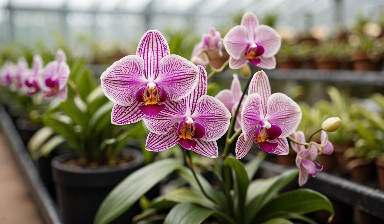 A bright, airy greenhouse filled with rows of vibrant, exotic orchids in various stages of growth, with delicate blooms and lush, green foliage