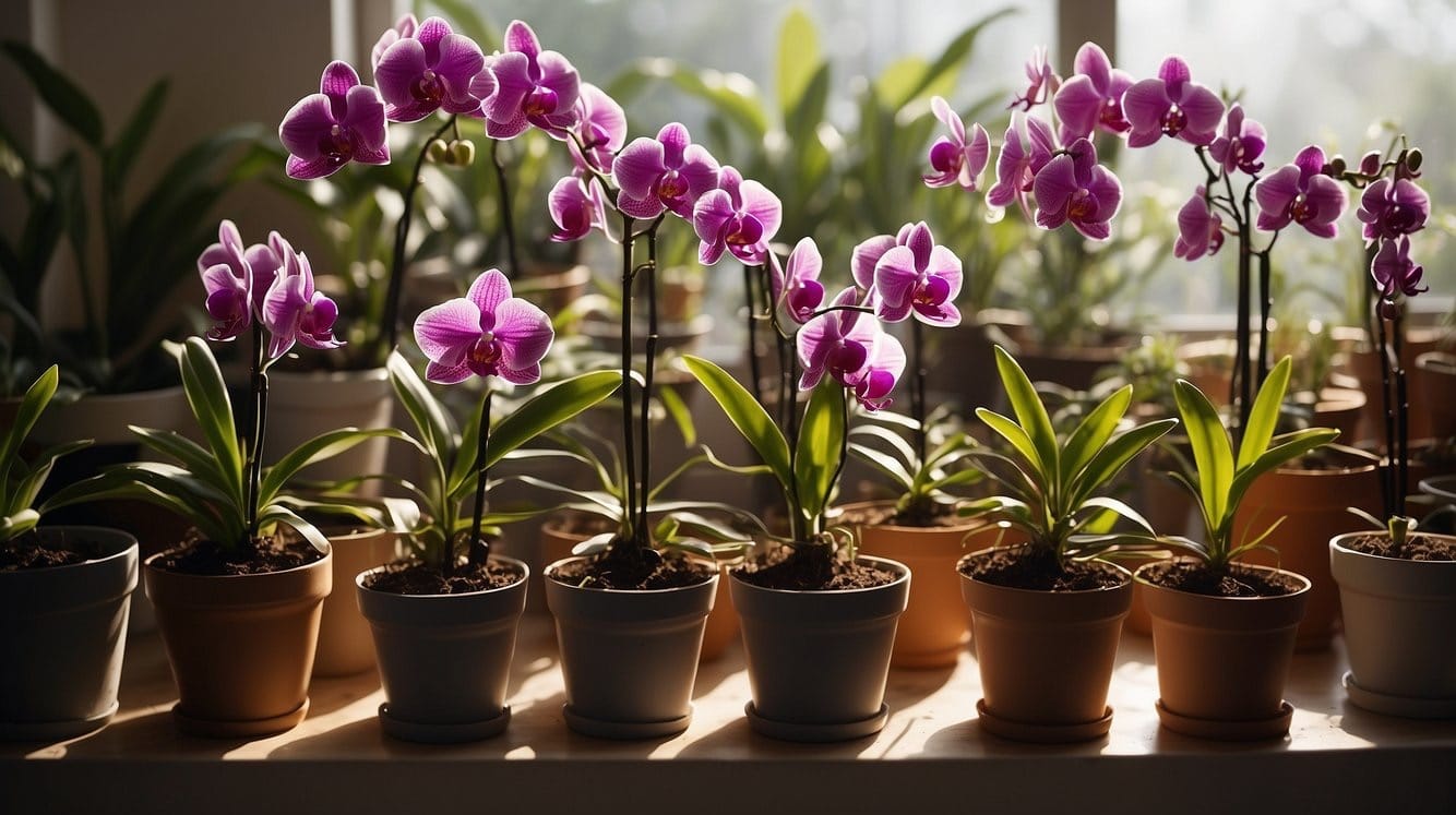 Orchids being carefully potted and repotted, surrounded by pots, soil, and gardening tools. Sunlight streaming in through a nearby window