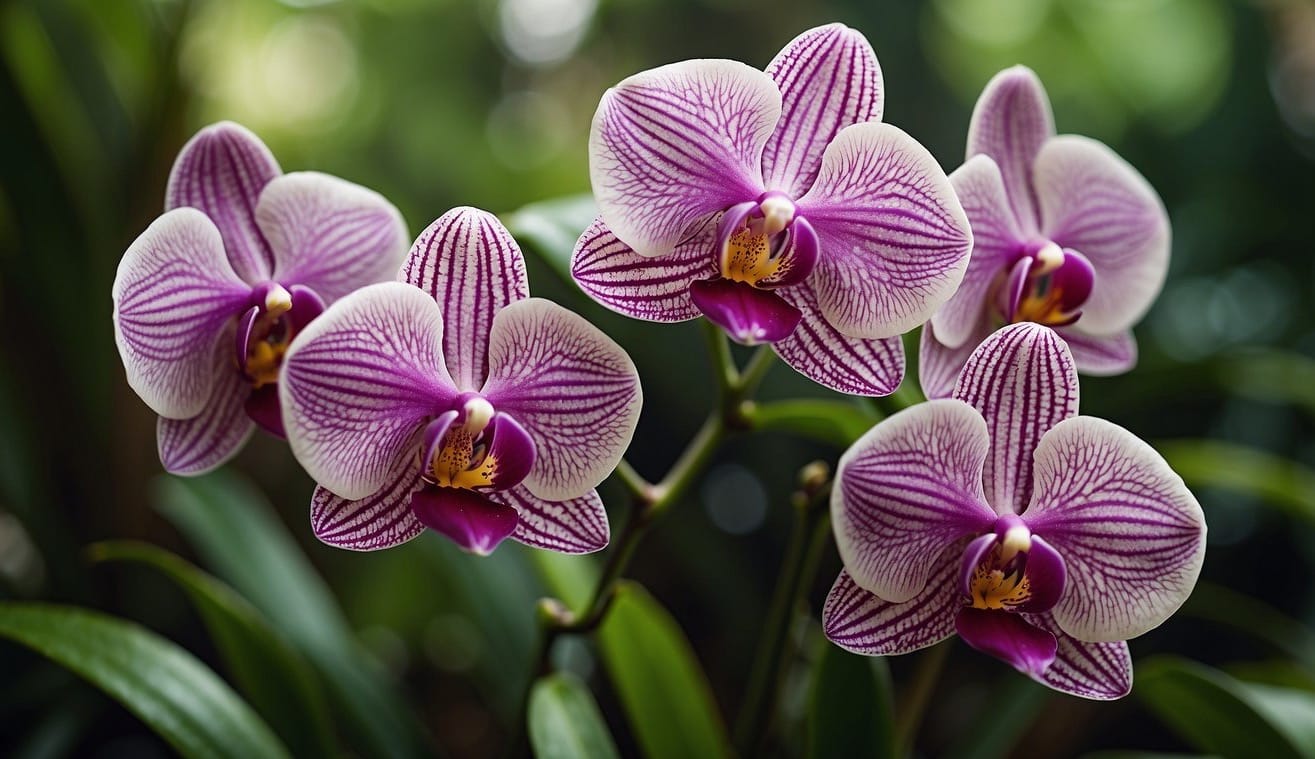 An orchid plant blooms with vibrant, delicate flowers against a backdrop of lush green leaves. The flowers are in various stages of opening, showcasing the beauty of nature's rebirth