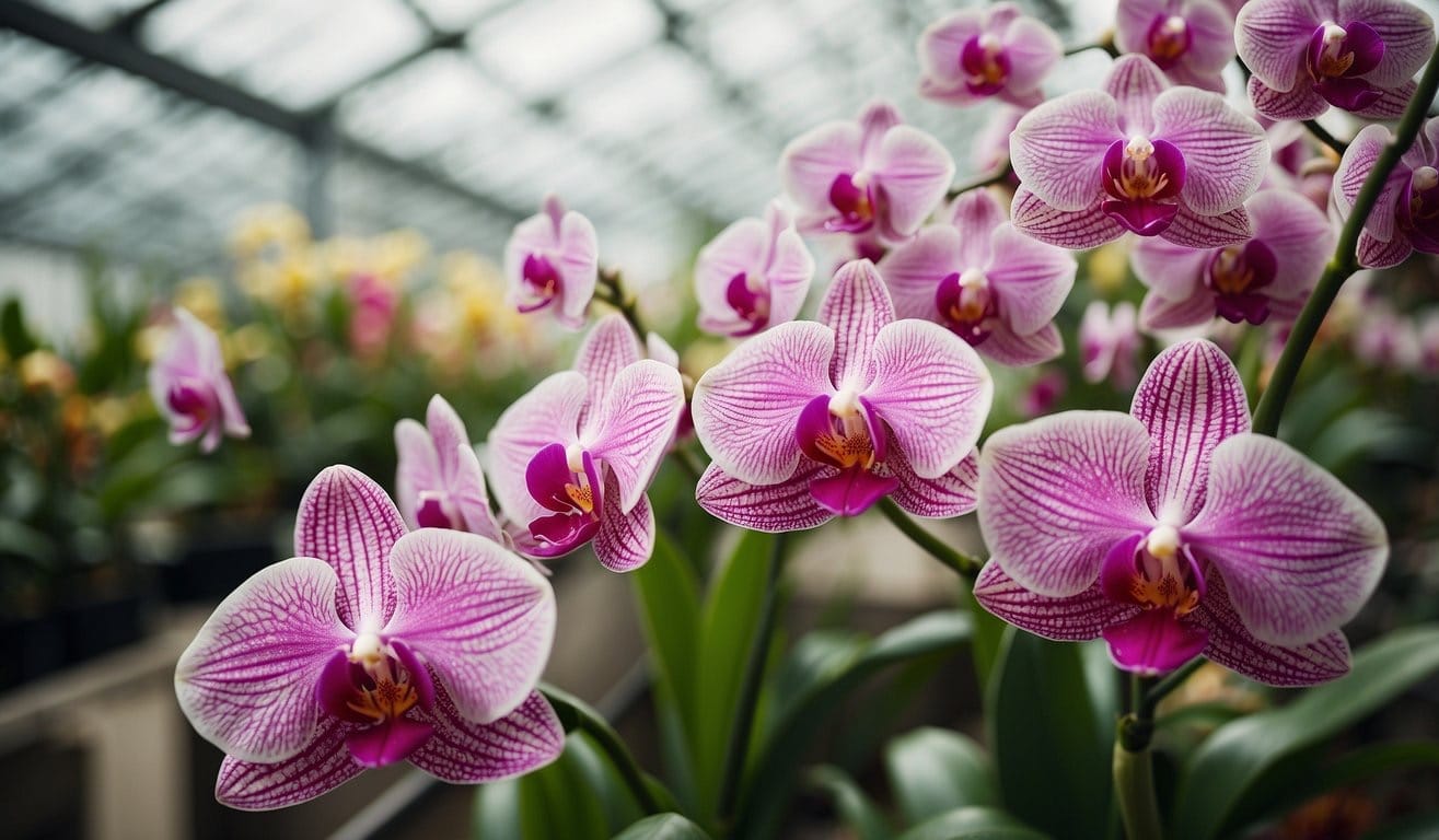Lush greenhouse with rows of vibrant, blooming orchids. Soft natural light filters through the glass ceiling, highlighting the delicate beauty of the exotic flowers
