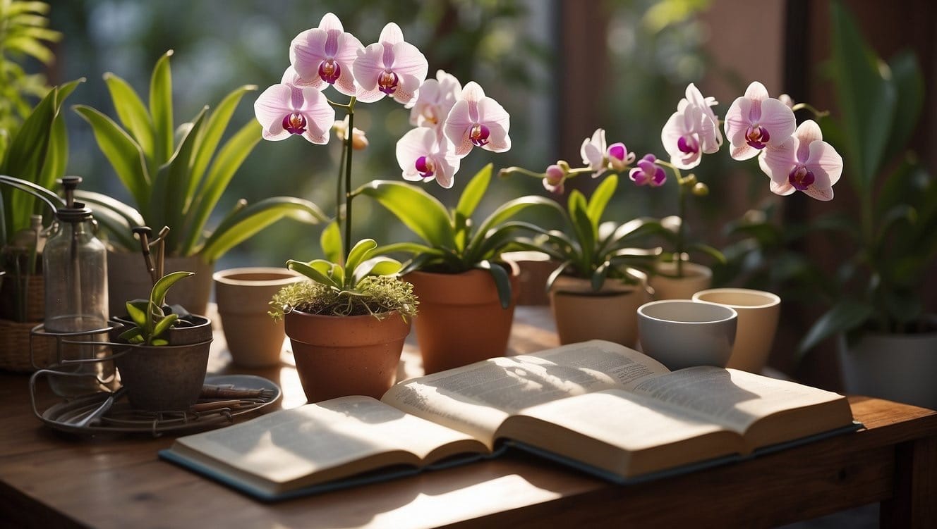 A table with various orchids in different stages of growth, surrounded by gardening tools and a book titled "How to Grow Orchids."