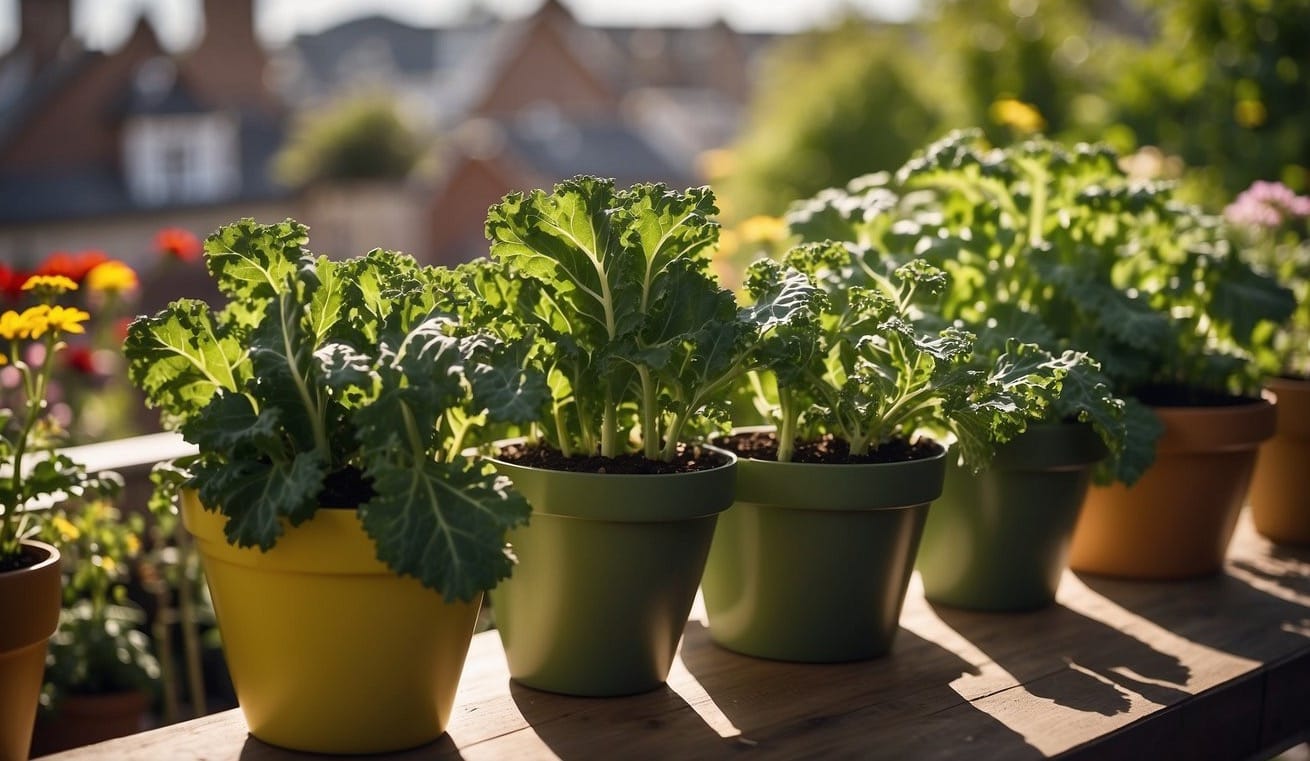 Lush green kale plants thriving in various sized containers on a sunny balcony, surrounded by vibrant flowers and herbs
