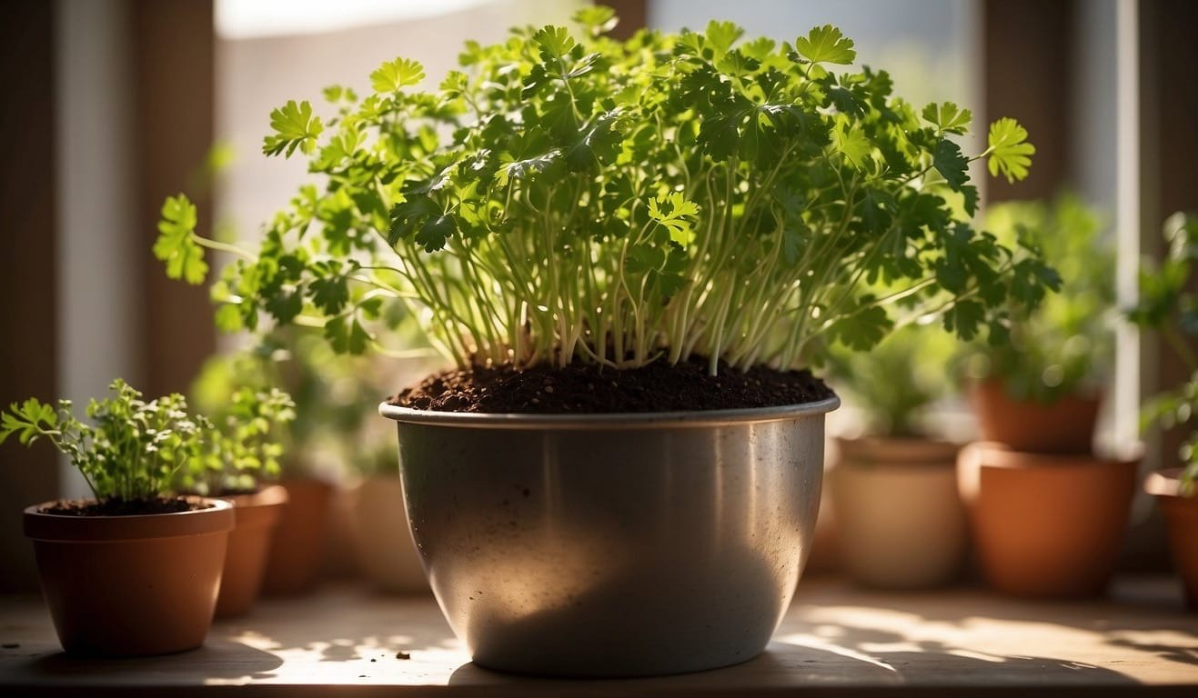 Rich soil in a pot, with small parsley seeds planted, watered, and placed in a sunny window