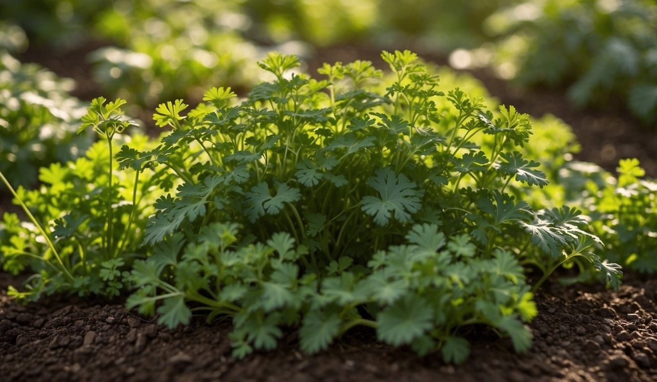 Lush garden bed with healthy parsley plants. Sunlight filters through the leaves. Soil is rich and well-drained.