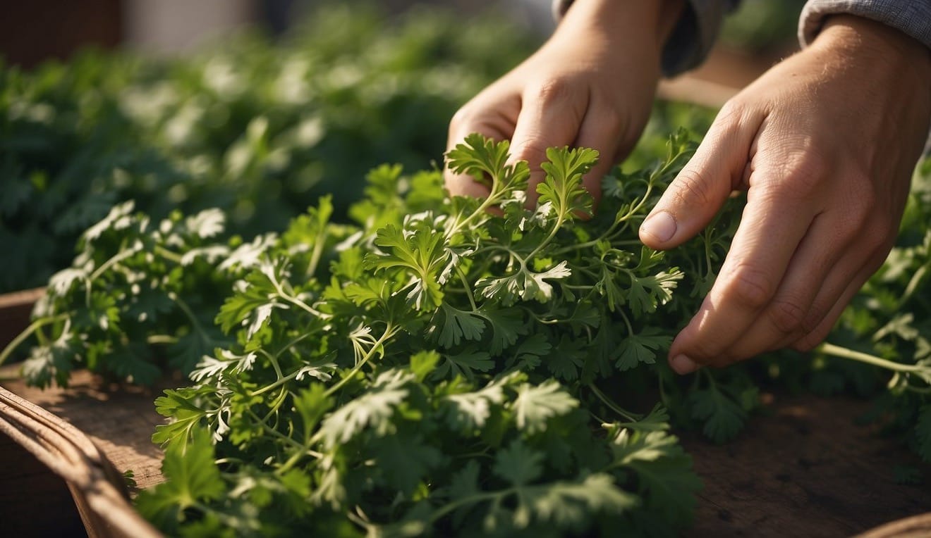 Parsley plants being picked and dried for preservation