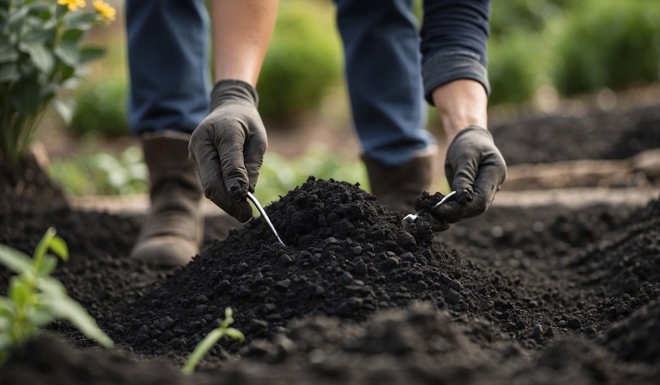 A gardener mixes charcoal into the soil, enhancing its fertility and improving drainage. Plants thrive in the nutrient-rich environment