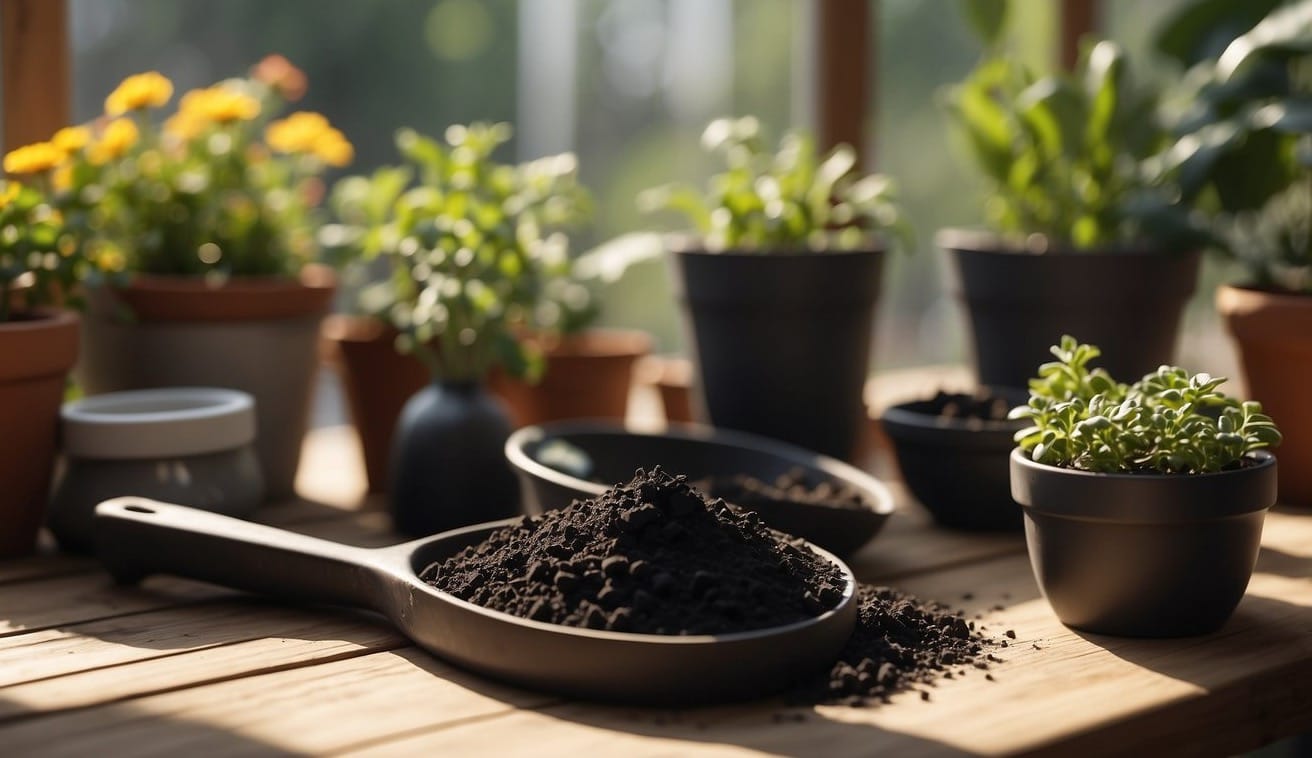 Charcoal pieces and gardening tools laid out on a wooden table. Potted plants in the background. Sunshine streaming through a nearby window