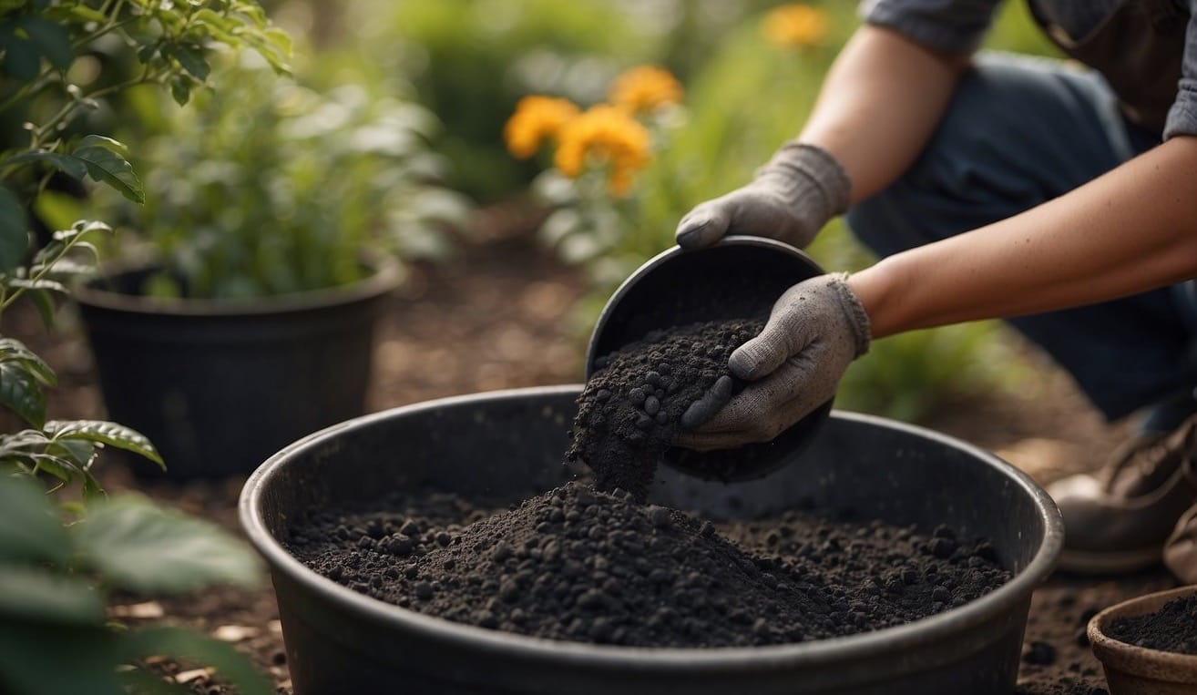 A gardener pouring charcoal into a gardening container, mixing it with soil, and preparing it for planting