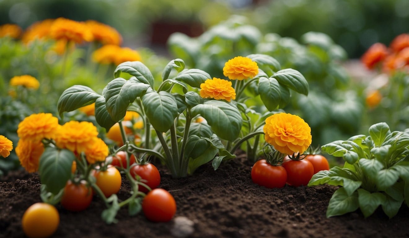 A garden with intermingling plants like tomatoes and basil, marigolds and vegetables, showcasing the concept of companion planting