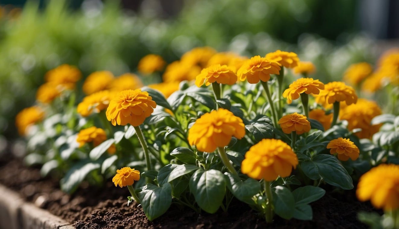 Healthy plants grow together, repelling pests. Marigolds and basil protect tomatoes from insects.