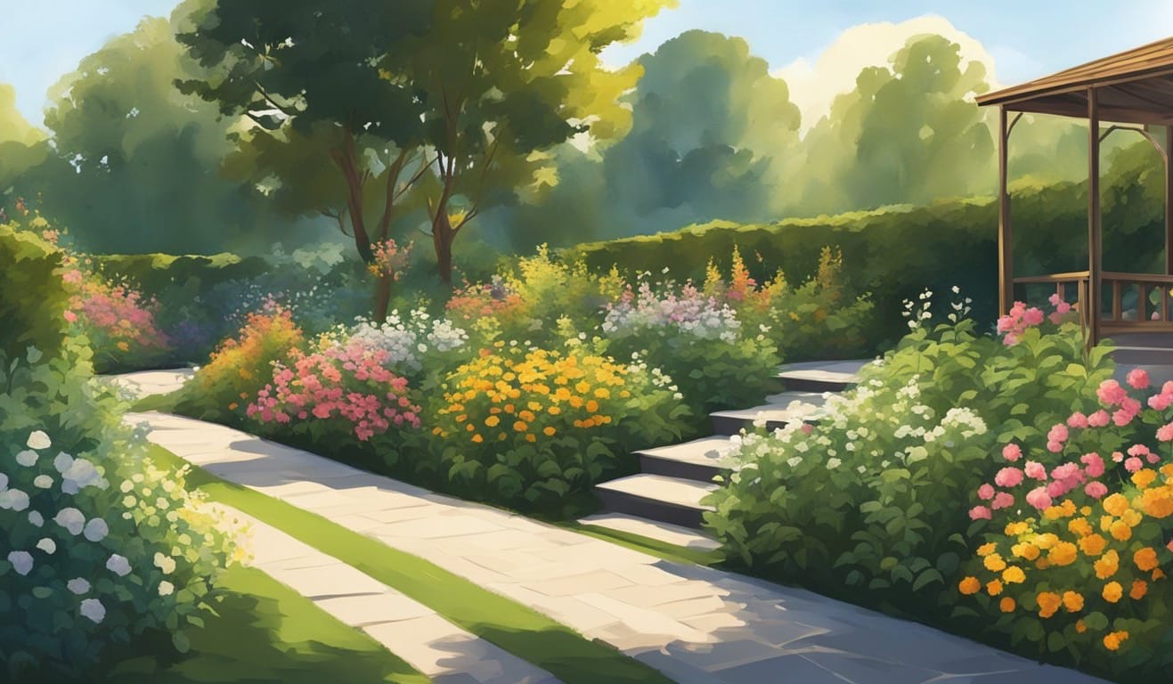 The scene depicts a garden with patches of sunlight and shadow, showing the transition from full sun to partial shade and full shade