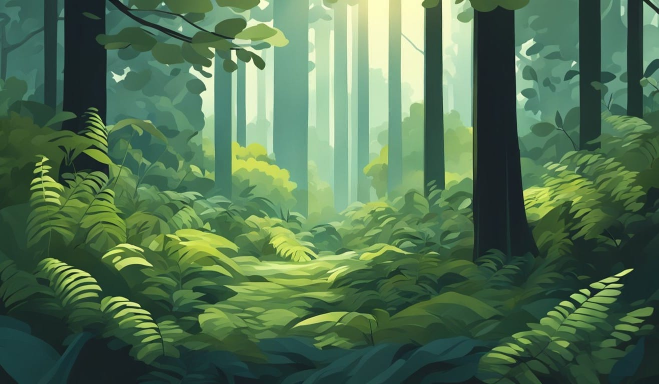 A dense forest floor with thick, overlapping foliage blocking out most sunlight, creating a dark and cool environment